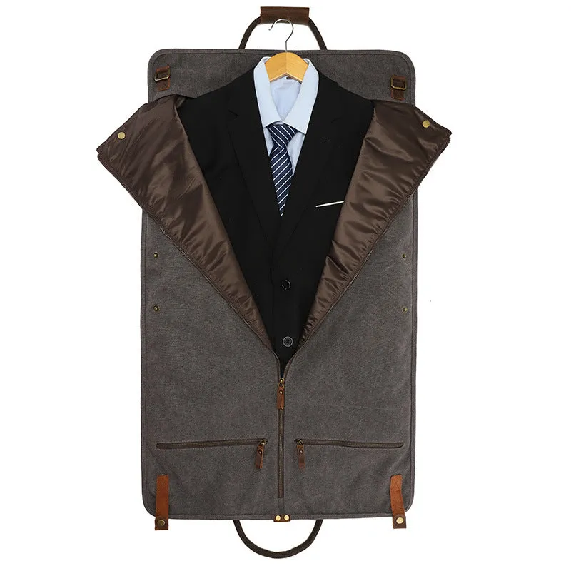 2 in 1 Canvas Leather Suit Luggage Garment Bag with Shoulder Strap