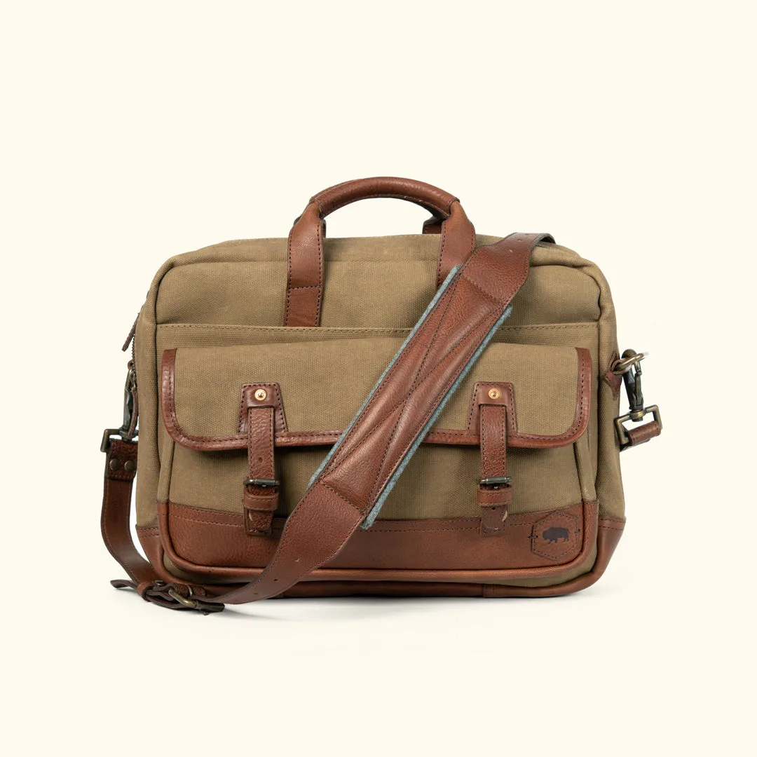 Dakota Reserve Waxed Canvas Leather Briefcase | Field Khaki with Chestnut Brown