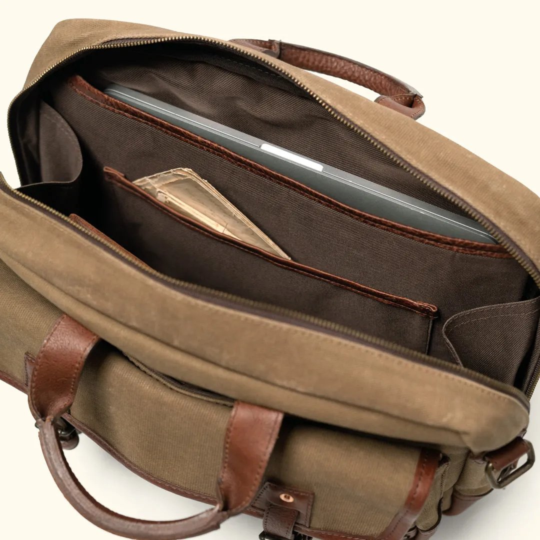 Dakota Reserve Waxed Canvas Leather Briefcase | Field Khaki with Chestnut Brown