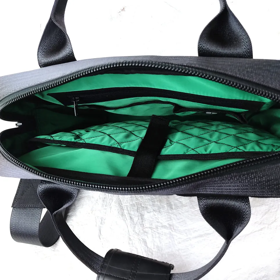 Heryana Pilot's Everyday Bag in Green Ex-Cargo Belts & Rescued Car Seat Belts [13" Laptop Bag]