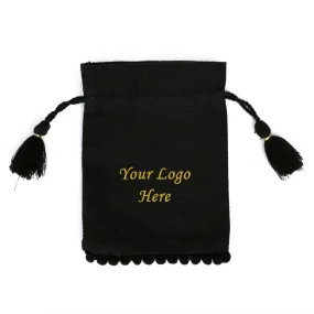 Personalized Jewelry Pouches Small Black Storage Drawstring Bags Designer Bags with Bottom PomPom Lace – CraftJaipur