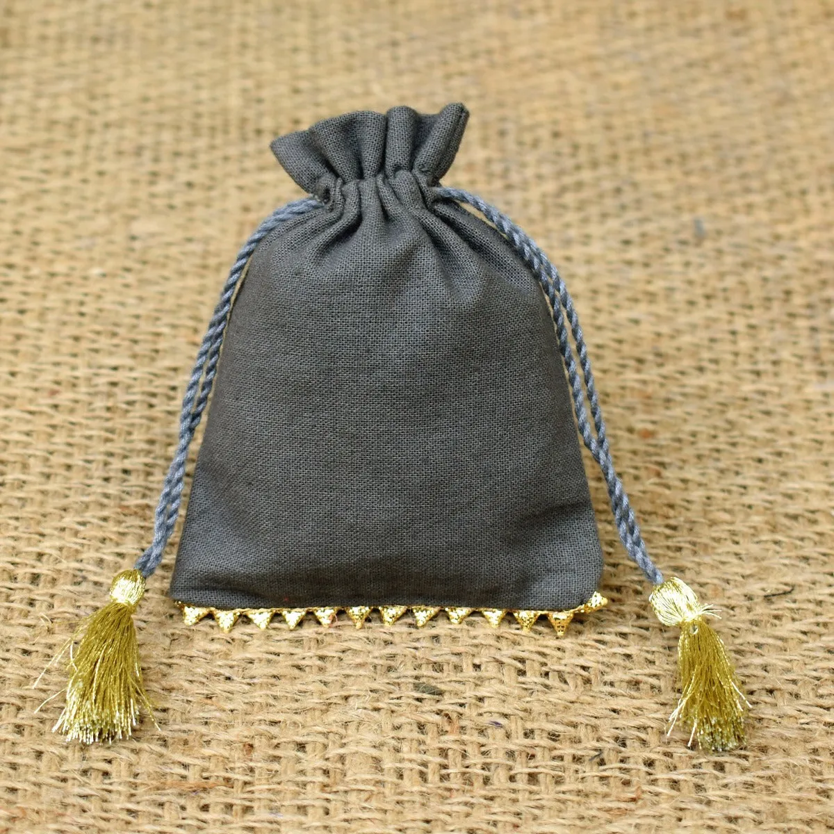 Personalized Logo Small Drawstring Cotton Bottom Gold Lace Bags Handmade Jewelry Grey Pouches - CraftJaipur