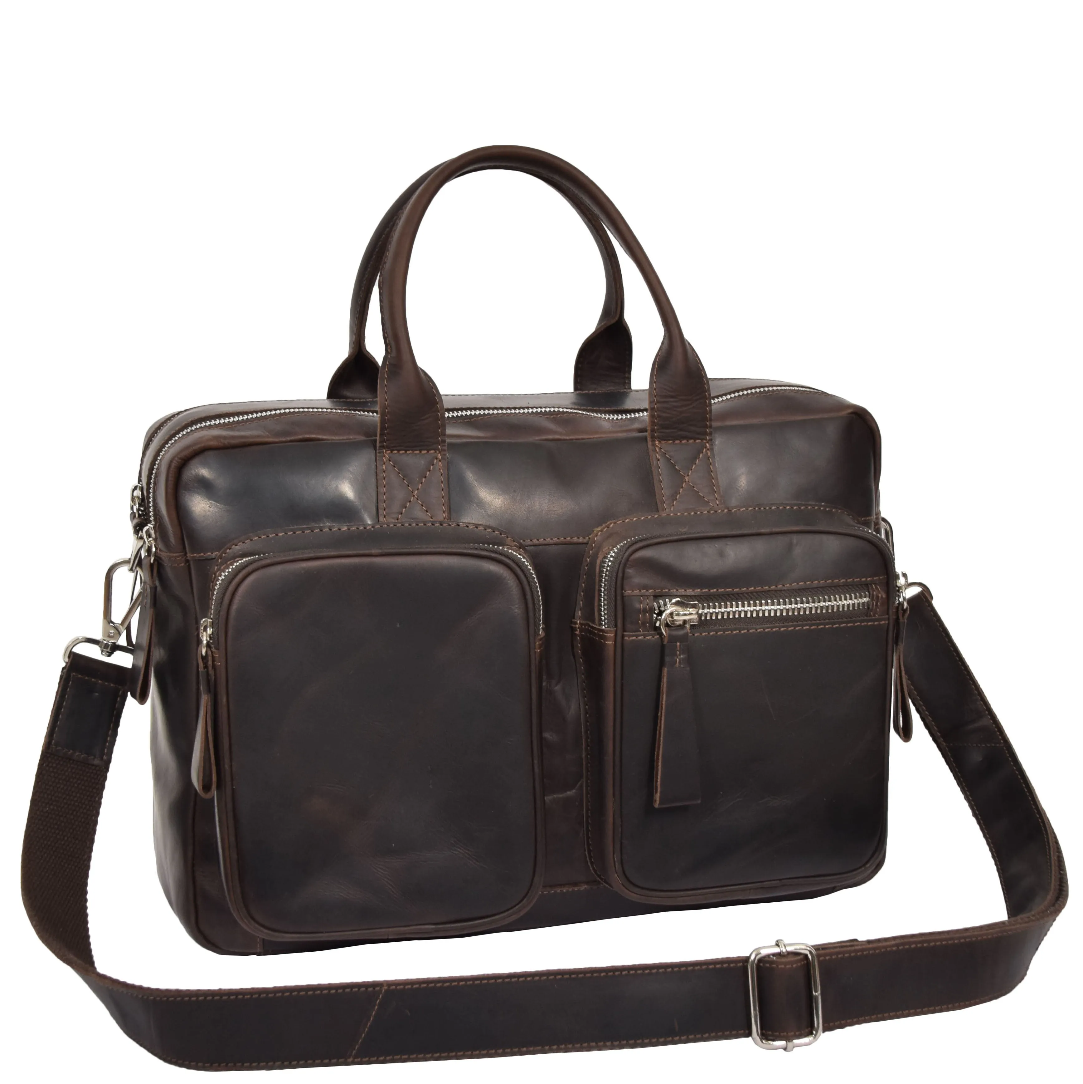 Pure Leather Briefcase Laptop Satchel Office Business Bag Otis Brown