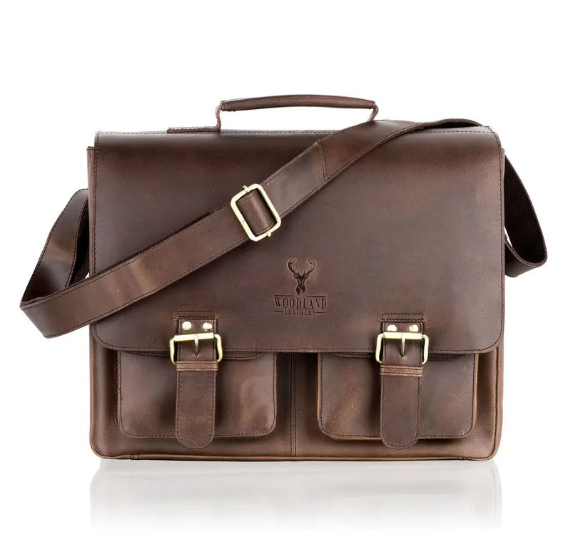 Woodland Leathers Brown Leather Double Pocket Briefcase