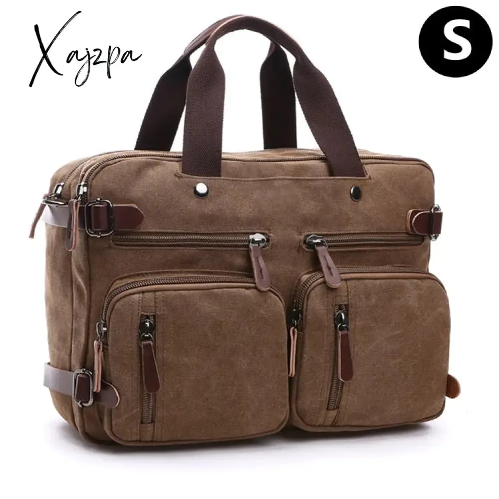 Xajzpa - Vintage Men Canvas Bag Leather Briefcase Travel Suitcase Messenger Shoulder Tote Handbag Large Casual Business Laptop Pocket