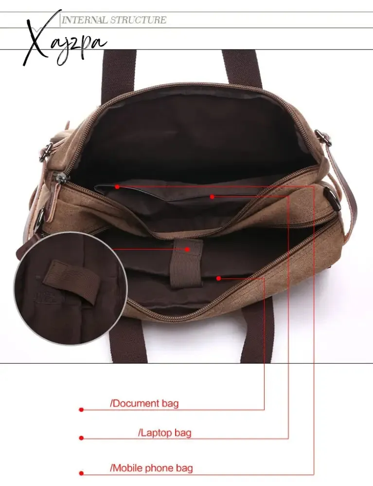 Xajzpa - Vintage Men Canvas Bag Leather Briefcase Travel Suitcase Messenger Shoulder Tote Handbag Large Casual Business Laptop Pocket