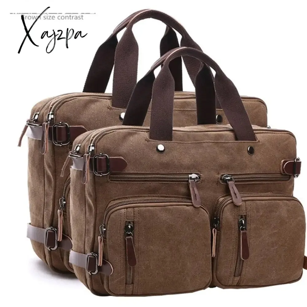 Xajzpa - Vintage Men Canvas Bag Leather Briefcase Travel Suitcase Messenger Shoulder Tote Handbag Large Casual Business Laptop Pocket