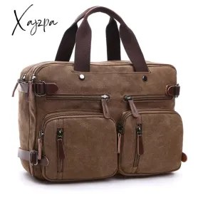 Xajzpa - Vintage Men Canvas Bag Leather Briefcase Travel Suitcase Messenger Shoulder Tote Handbag Large Casual Business Laptop Pocket