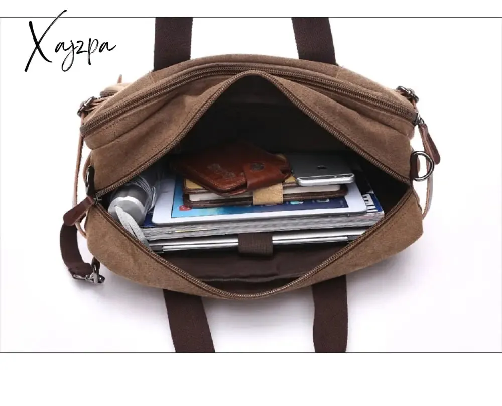 Xajzpa - Vintage Men Canvas Bag Leather Briefcase Travel Suitcase Messenger Shoulder Tote Handbag Large Casual Business Laptop Pocket