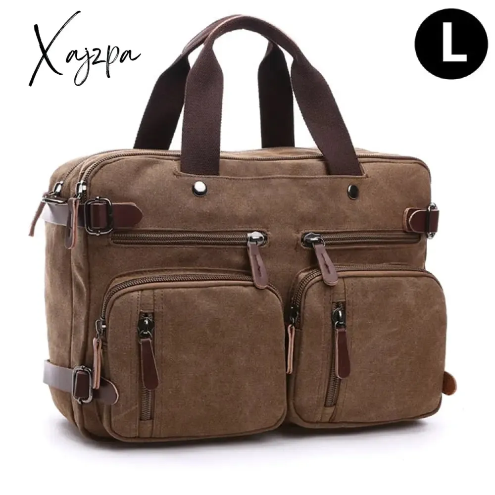 Xajzpa - Vintage Men Canvas Bag Leather Briefcase Travel Suitcase Messenger Shoulder Tote Handbag Large Casual Business Laptop Pocket