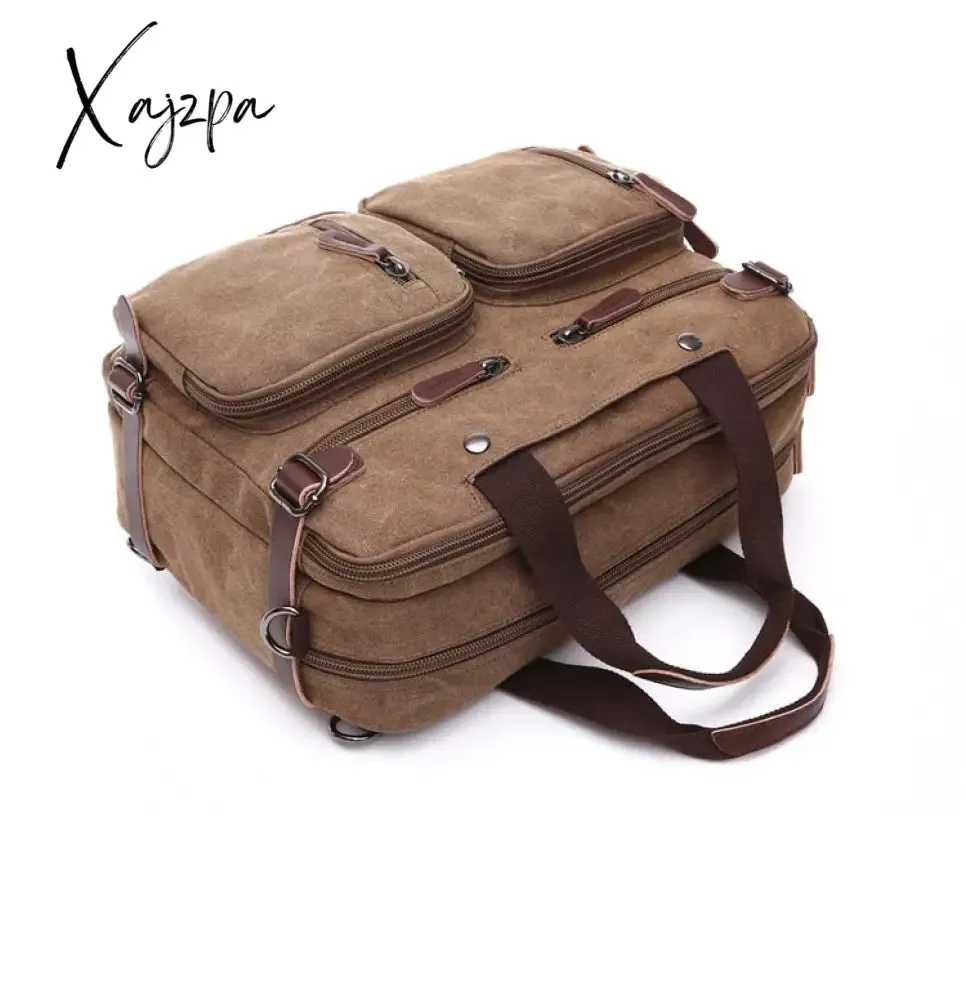 Xajzpa - Vintage Men Canvas Bag Leather Briefcase Travel Suitcase Messenger Shoulder Tote Handbag Large Casual Business Laptop Pocket