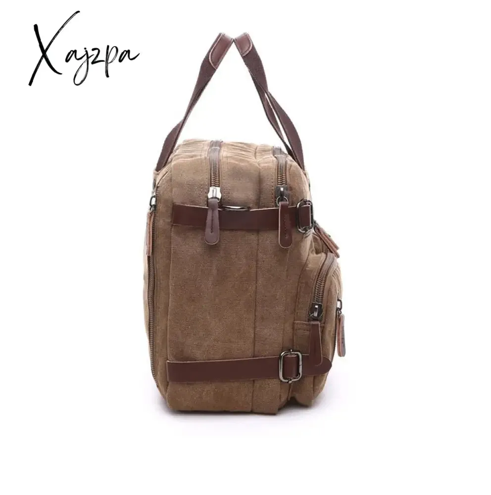 Xajzpa - Vintage Men Canvas Bag Leather Briefcase Travel Suitcase Messenger Shoulder Tote Handbag Large Casual Business Laptop Pocket