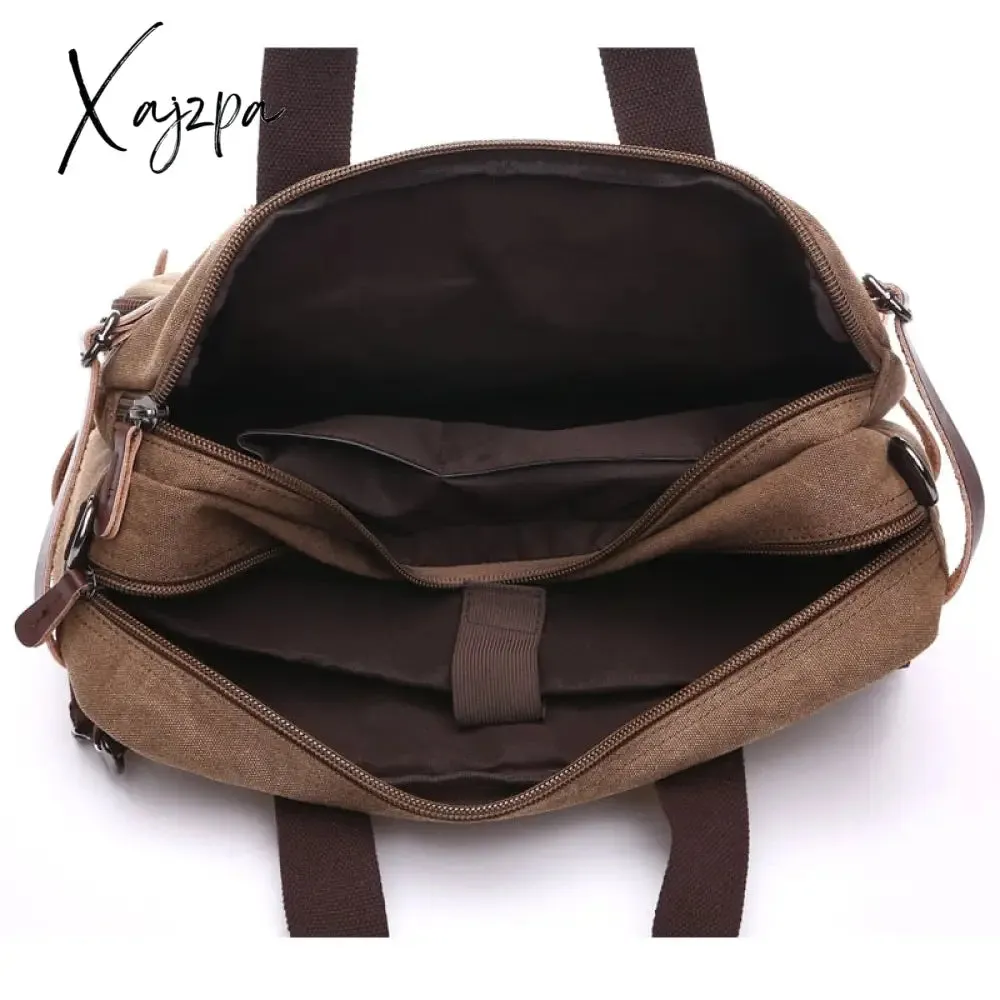 Xajzpa - Vintage Men Canvas Bag Leather Briefcase Travel Suitcase Messenger Shoulder Tote Handbag Large Casual Business Laptop Pocket