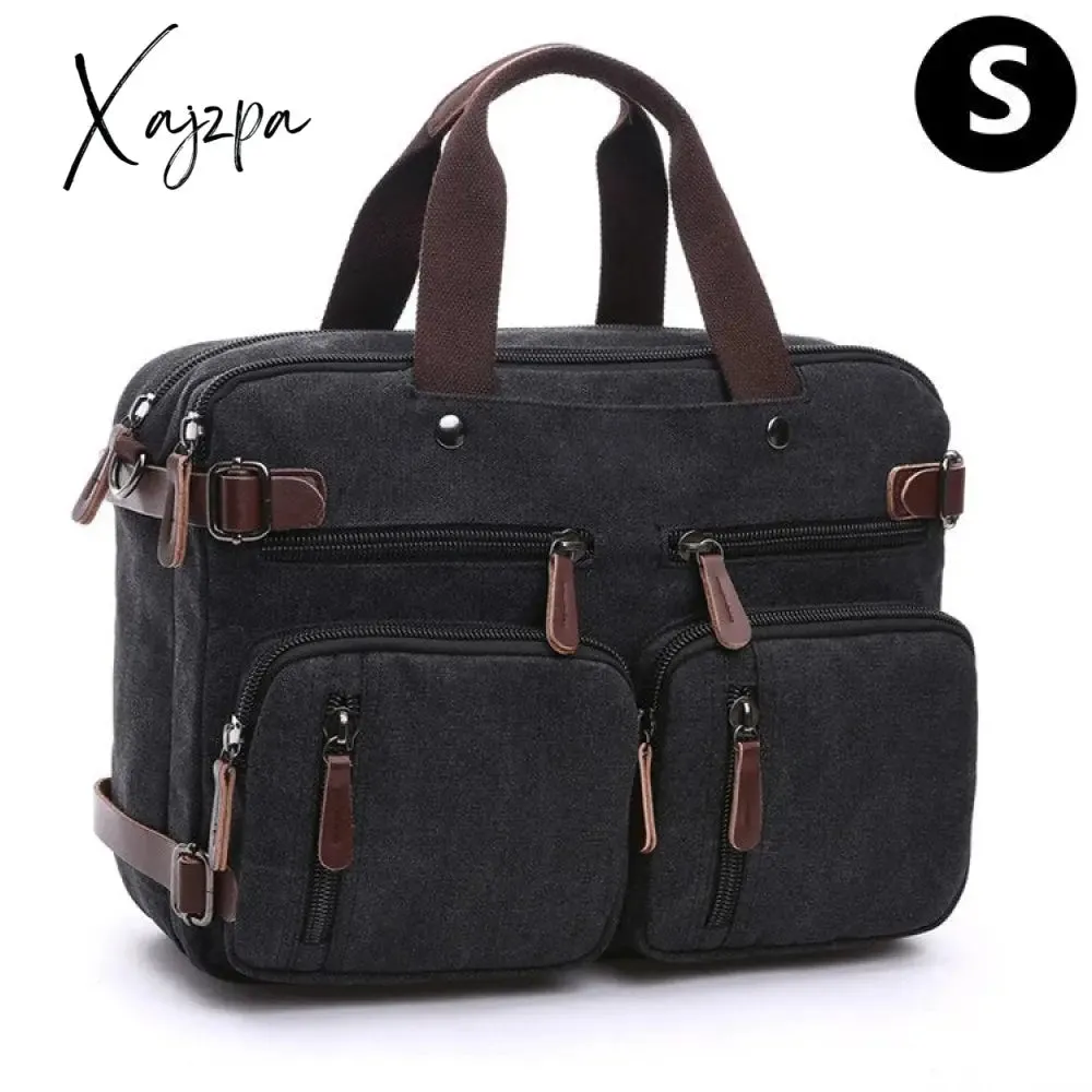 Xajzpa - Vintage Men Canvas Bag Leather Briefcase Travel Suitcase Messenger Shoulder Tote Handbag Large Casual Business Laptop Pocket