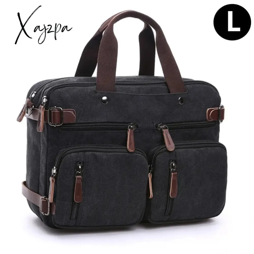 Xajzpa - Vintage Men Canvas Bag Leather Briefcase Travel Suitcase Messenger Shoulder Tote Handbag Large Casual Business Laptop Pocket