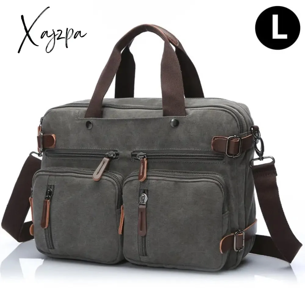 Xajzpa - Vintage Men Canvas Bag Leather Briefcase Travel Suitcase Messenger Shoulder Tote Handbag Large Casual Business Laptop Pocket